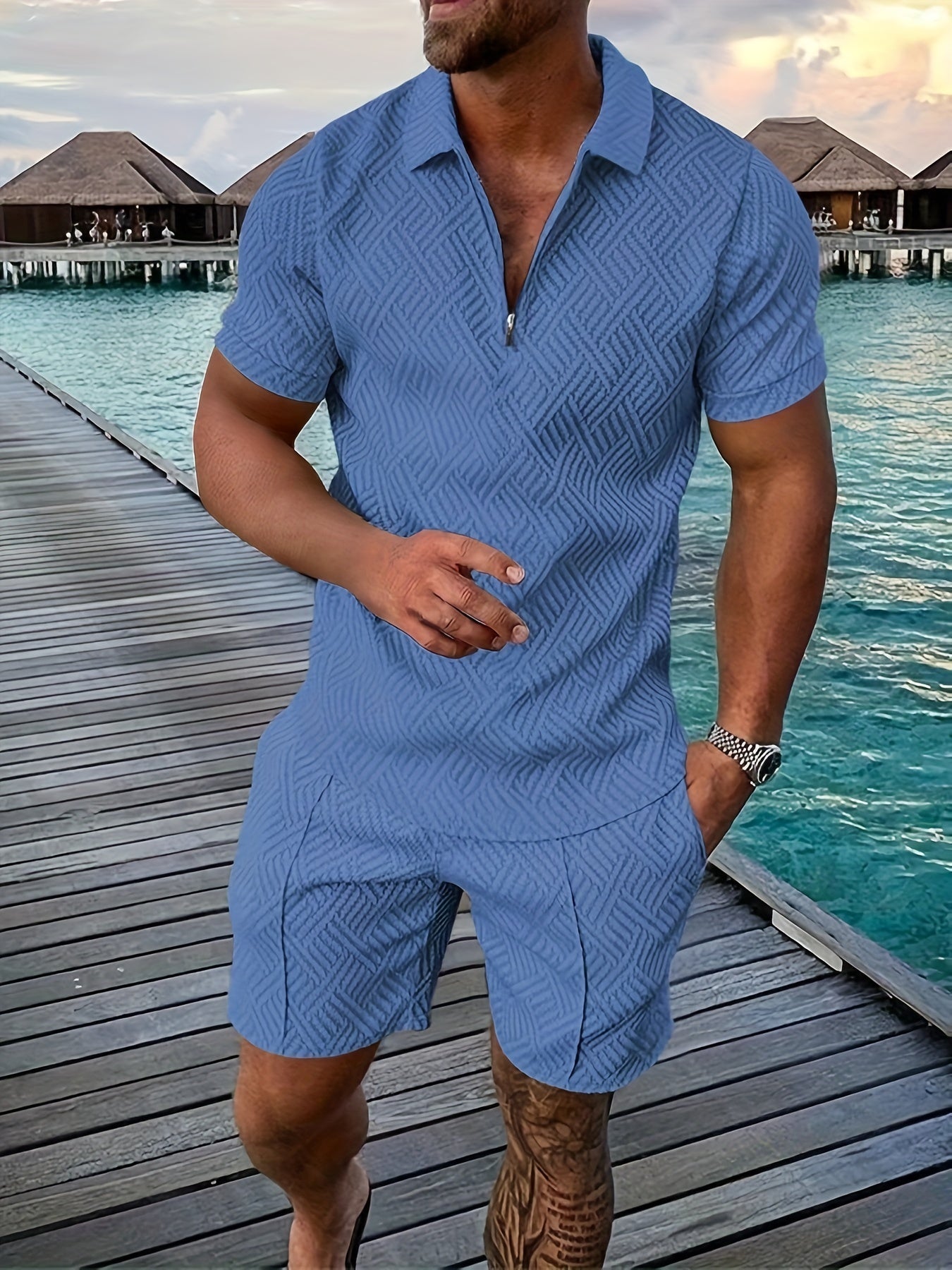 Geometric zip-up short set for men