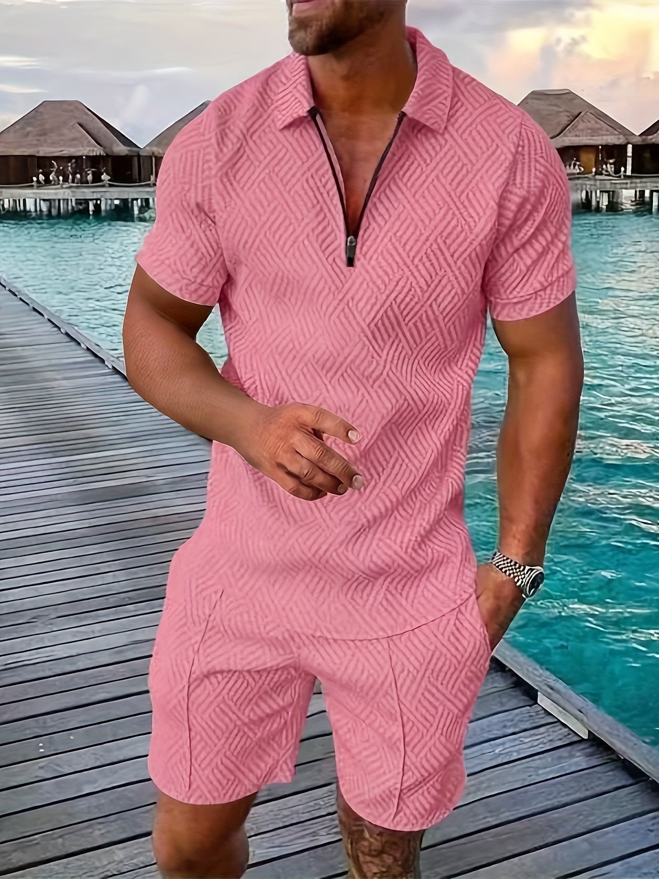 Geometric zip-up short set for men
