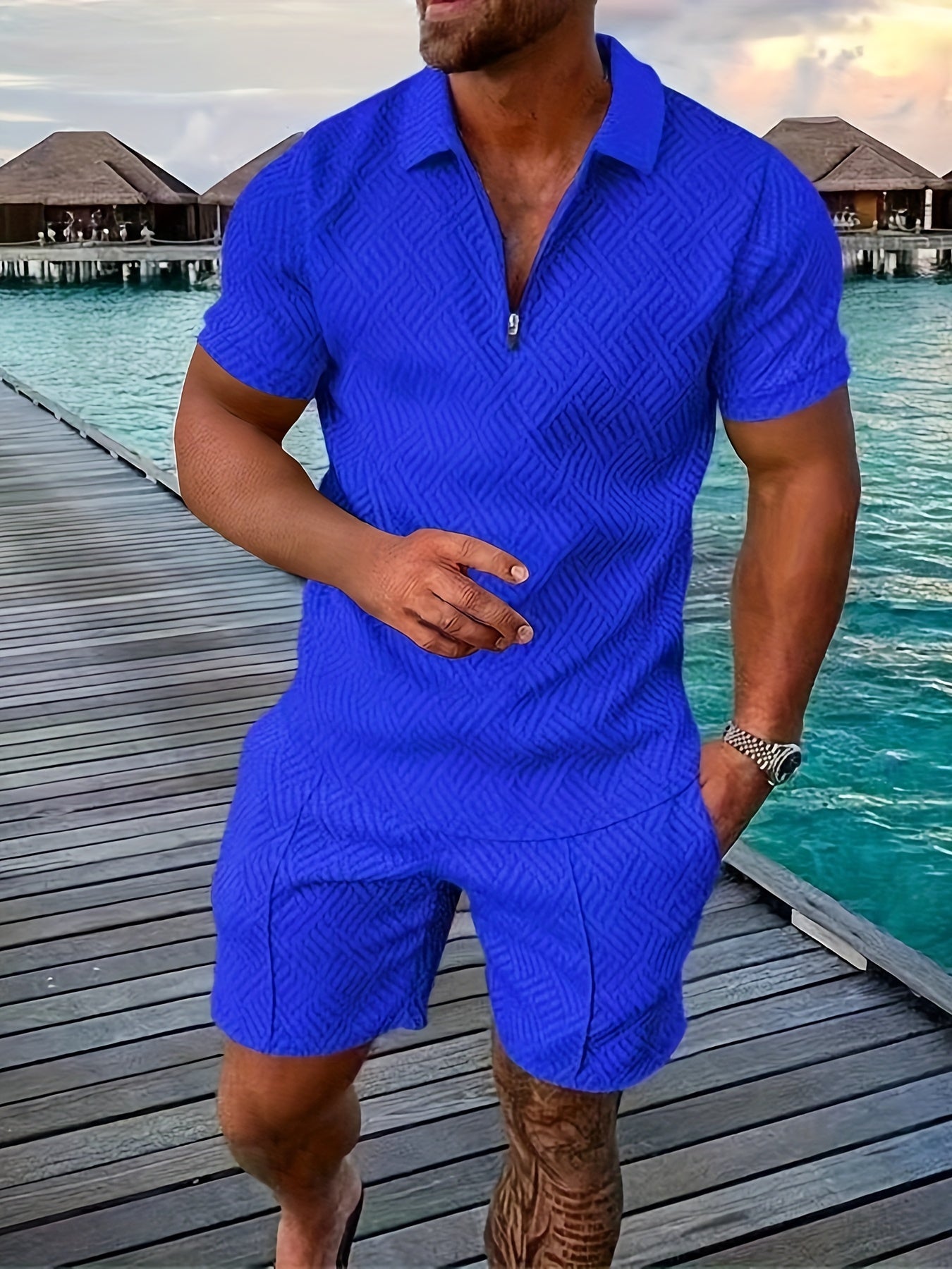 Geometric zip-up short set for men