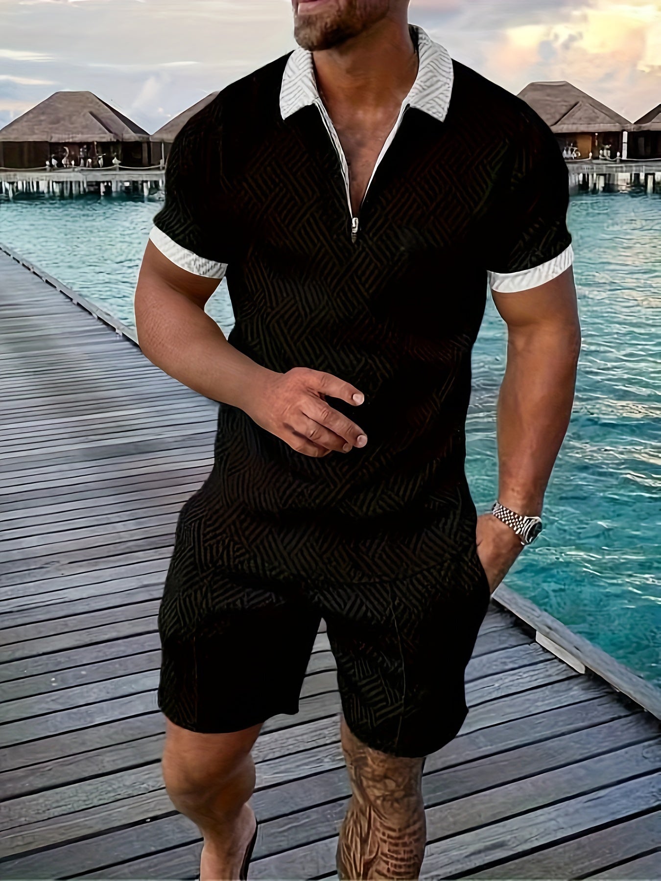 Geometric zip-up short set for men