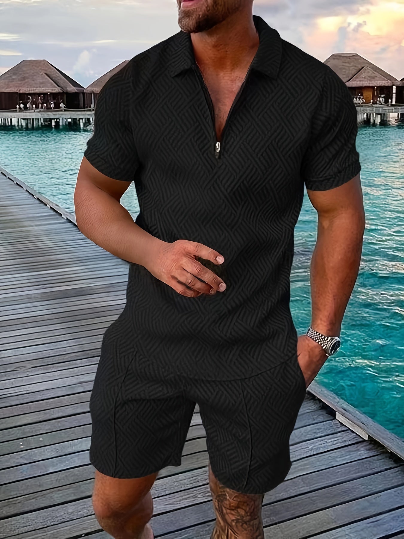 Geometric zip-up short set for men