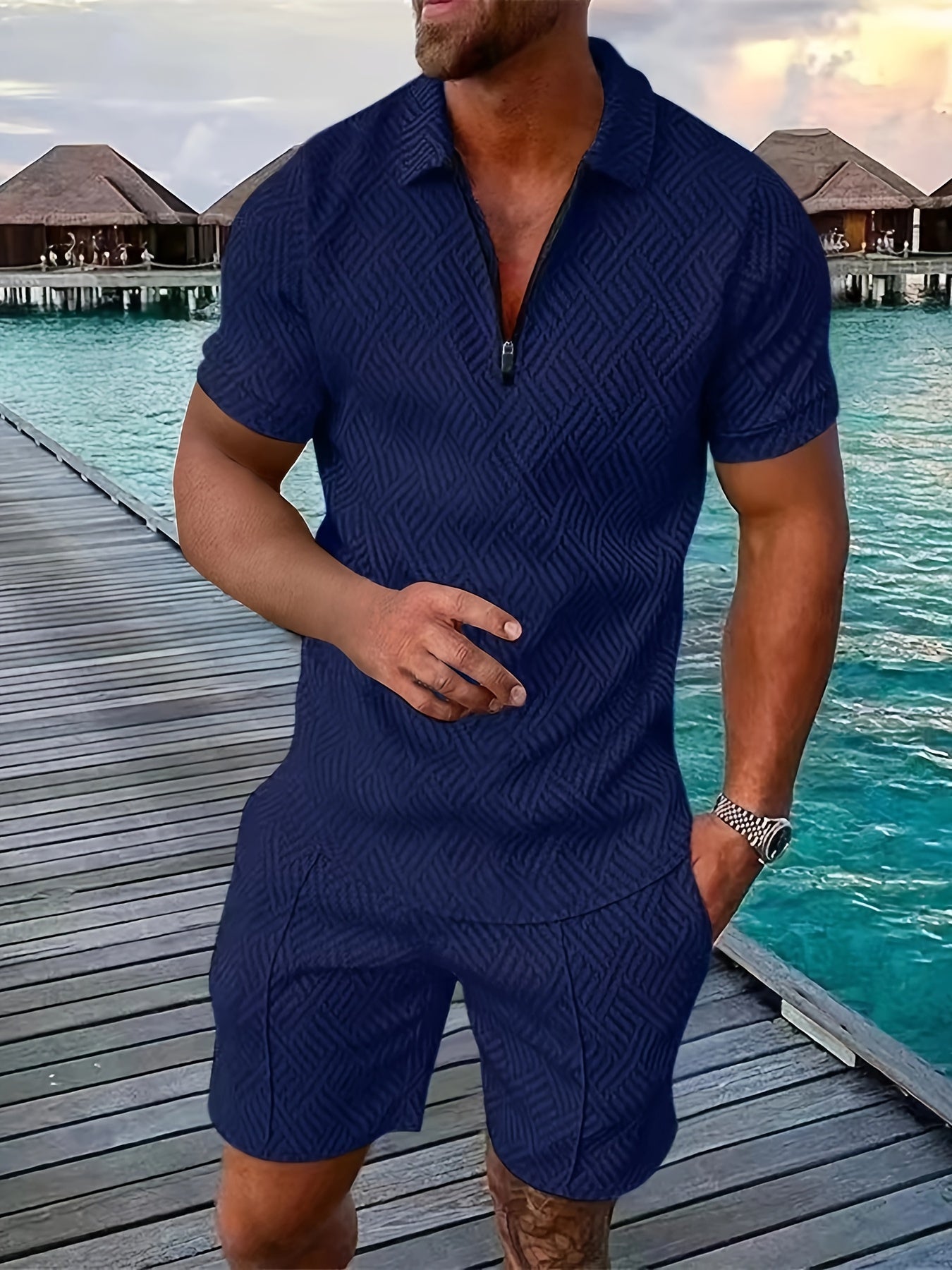 Geometric zip-up short set for men