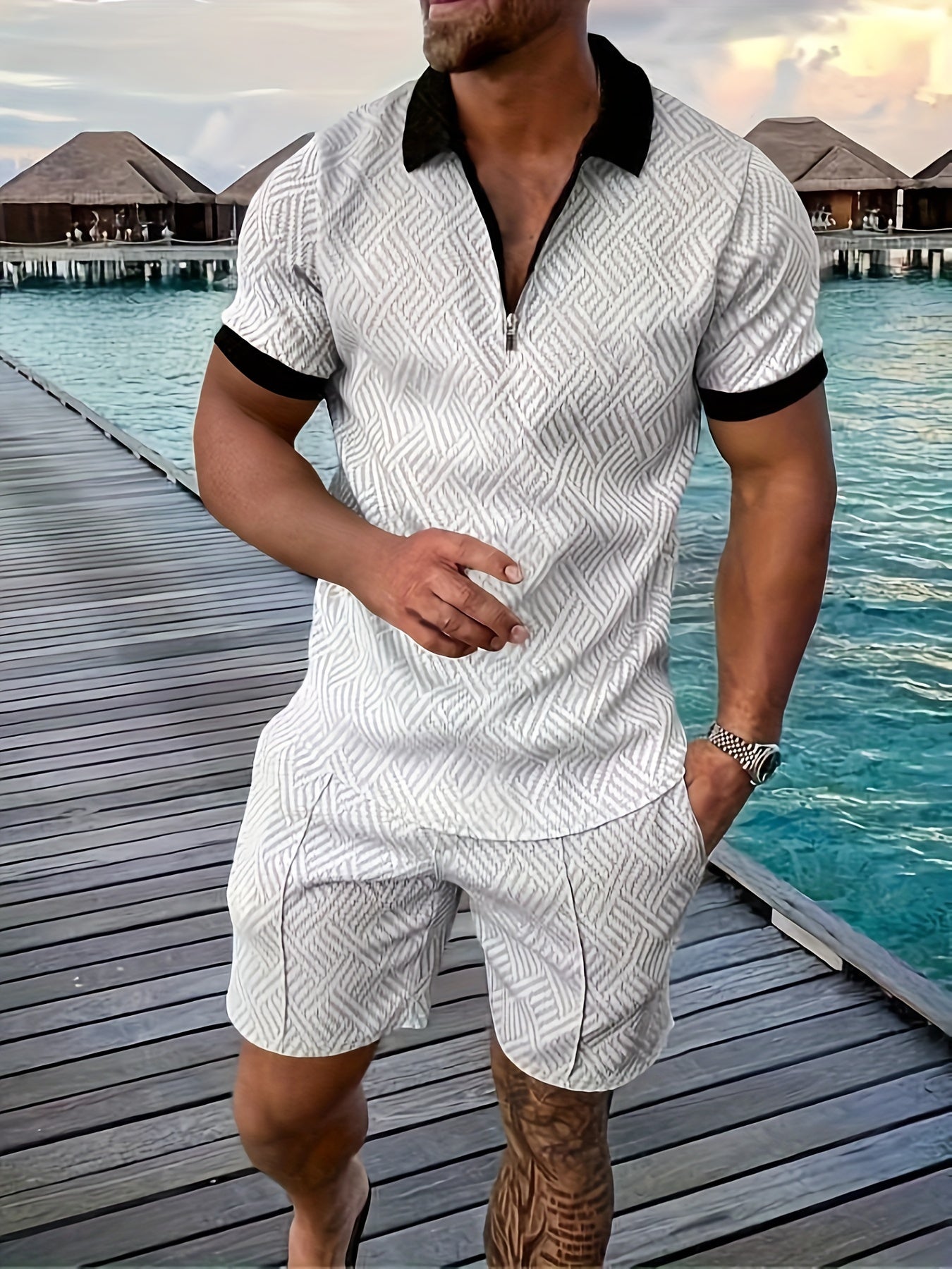 Geometric zip-up short set for men