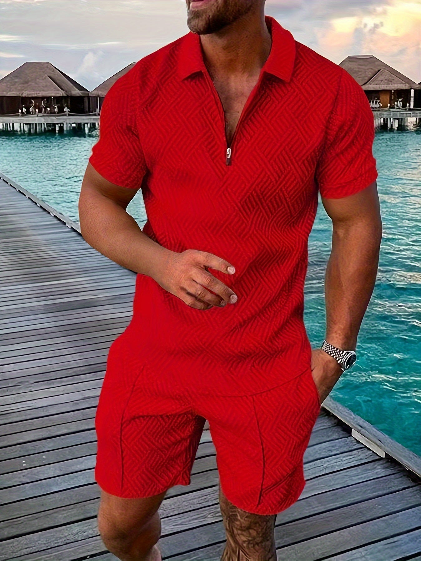 Geometric zip-up short set for men